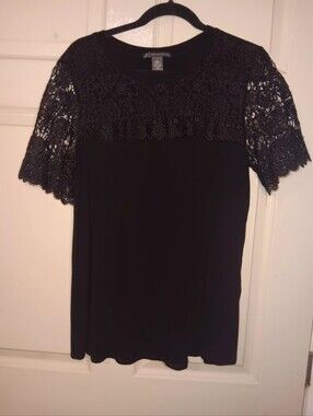 Adrianna Papell Womens Black Blouse With Lace Pull Over Sz L